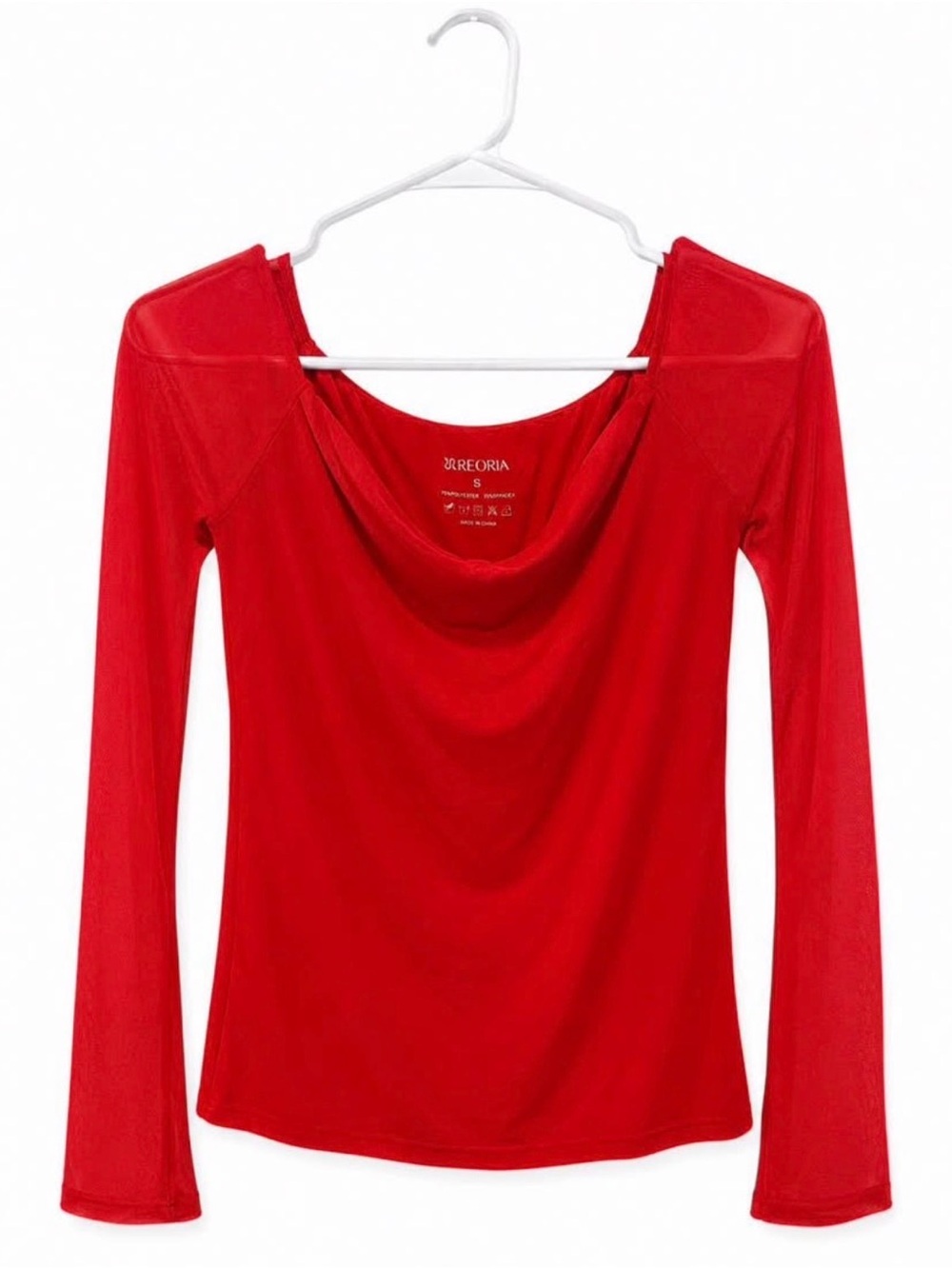 ReoRia Women's Red Long-Sleeve Draped Neck Tee